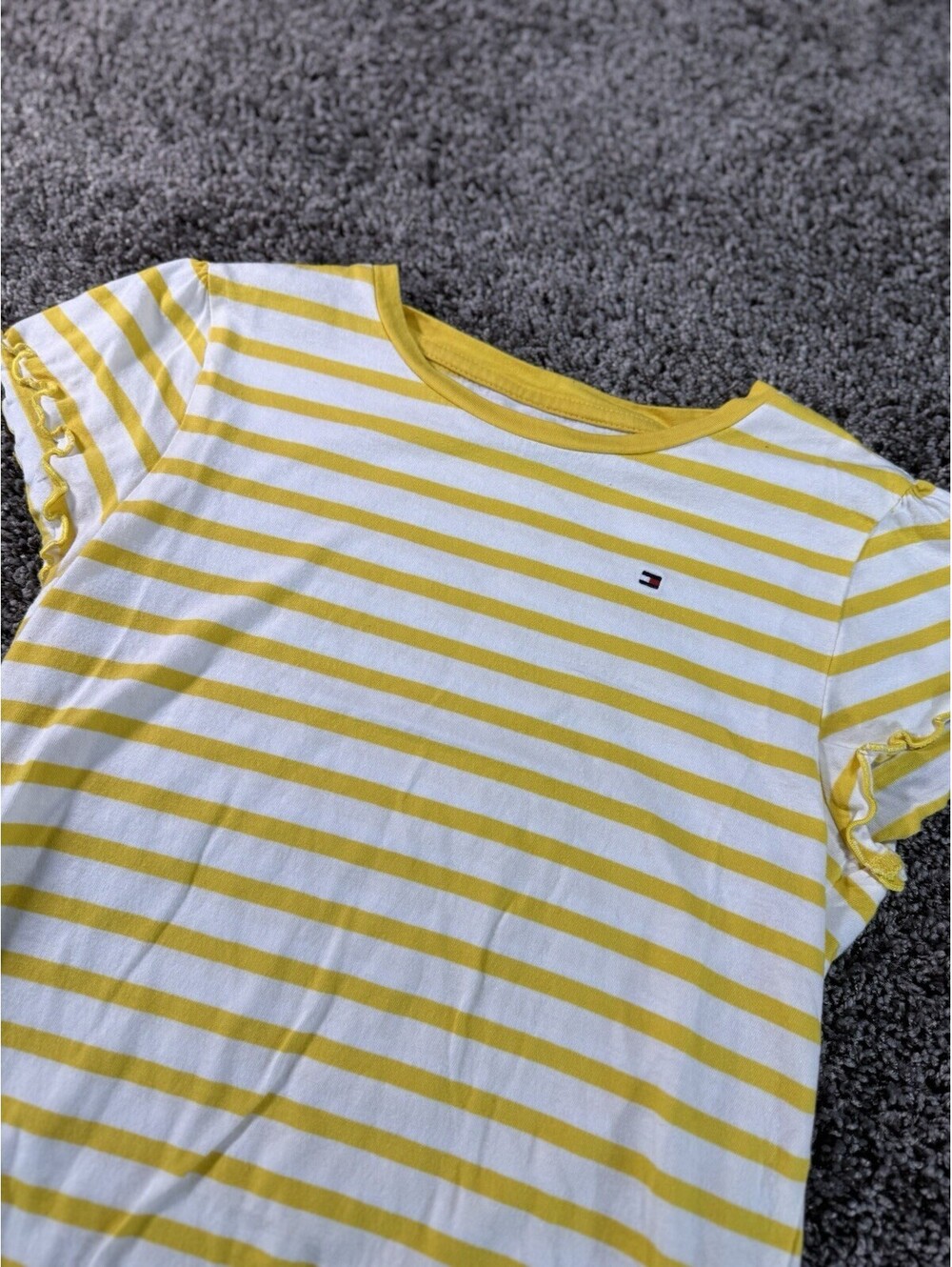 Tommy Hilfiger Girls Yellow/White Striped Ruffle Short Sleeve Tee L 12-14